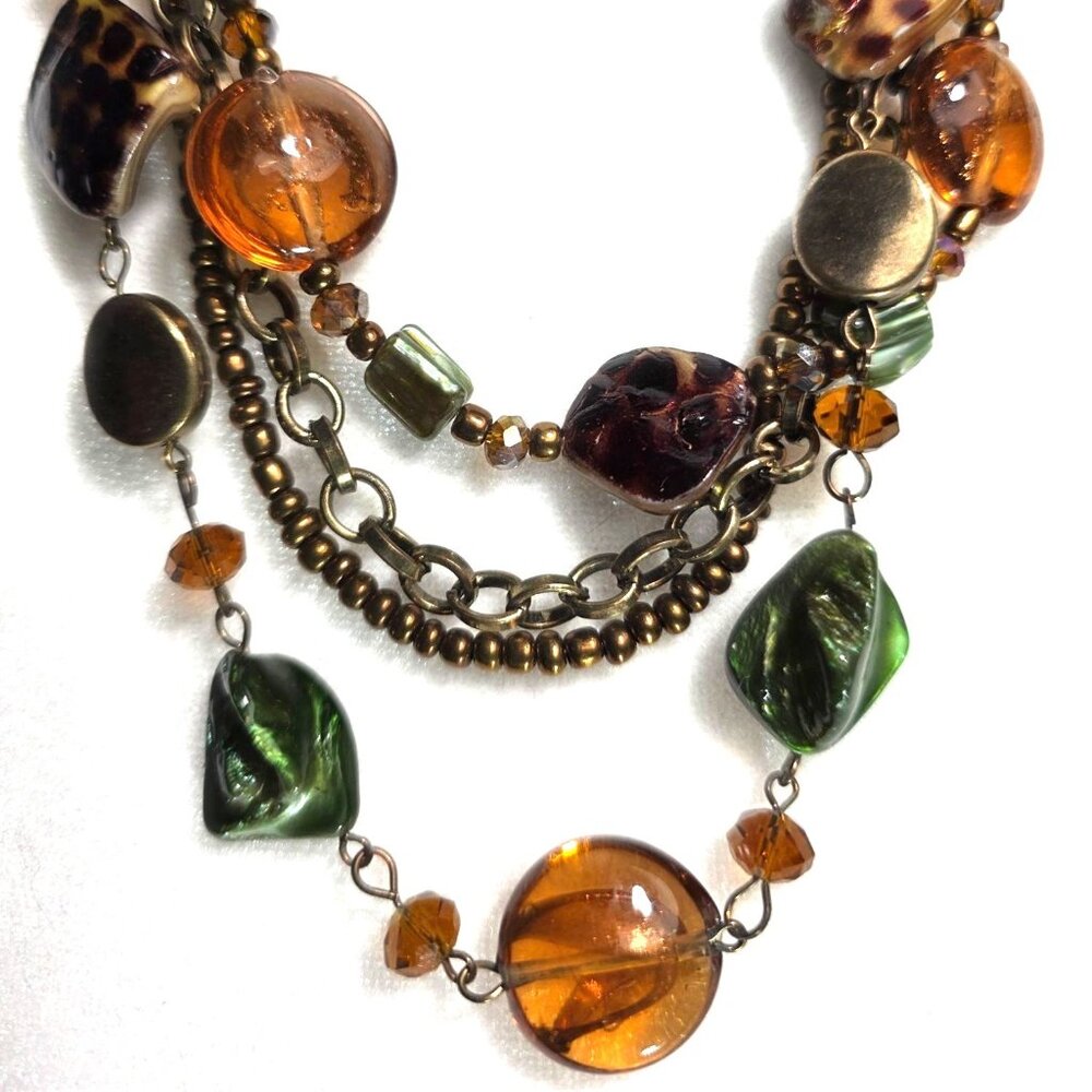 Multi-Strand Necklace animal print orange Green Beads Bronze tone Chain jewelry